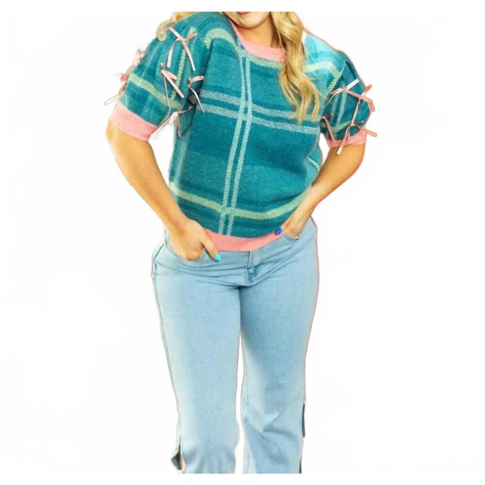 NEW GRACE + EMMA plaid sweater with puff sleeves in green